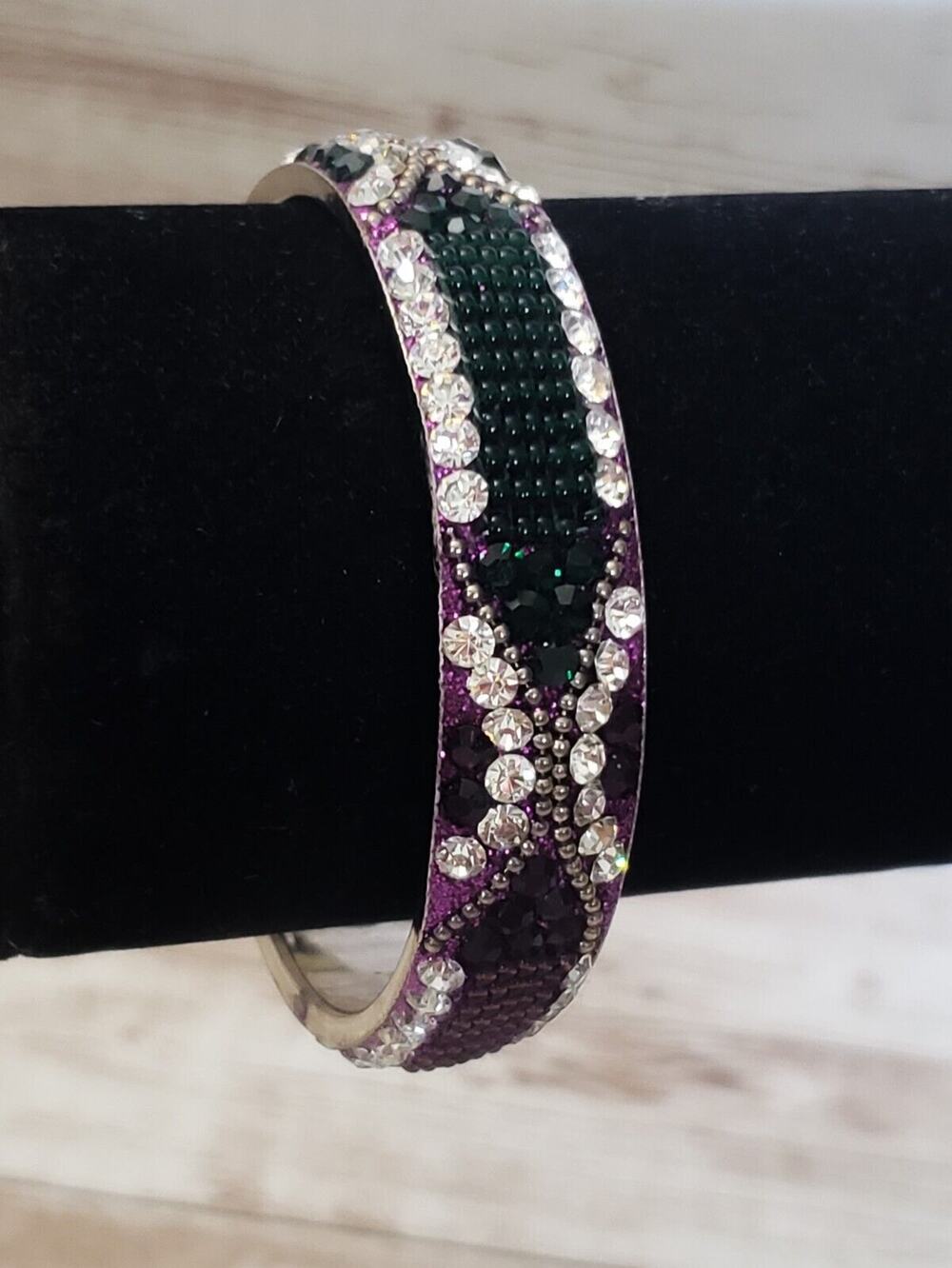 Vintage Bracelet / Bangle Purple & Green Tones with Clear Gems 7"